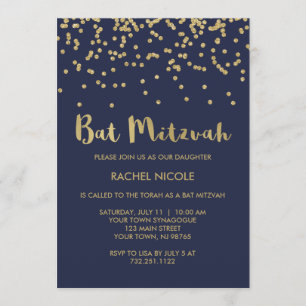 Convite Glam Dourado Confetti Bat Mitzvah no Azul Meia-Noi