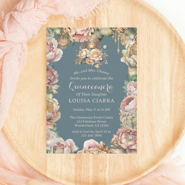 Convite Glam Dourado Crown Diamond Flowers Quinceanera (Criador carregado)