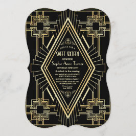 Convite Glam Dourado e Excelente Negro Gatsby Sweet 16