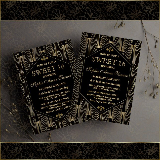 Convite Glam Dourado Excelente Gatsby Art Deco Sweet 16 Pa (sweet 16 invitation, great Gatsby sweet 16 invite, trendy gold black sweet sixteen invite)