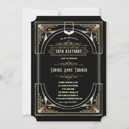 Convite Glam Dourado Excelente Negro Gatsby Art Deco 50 An
