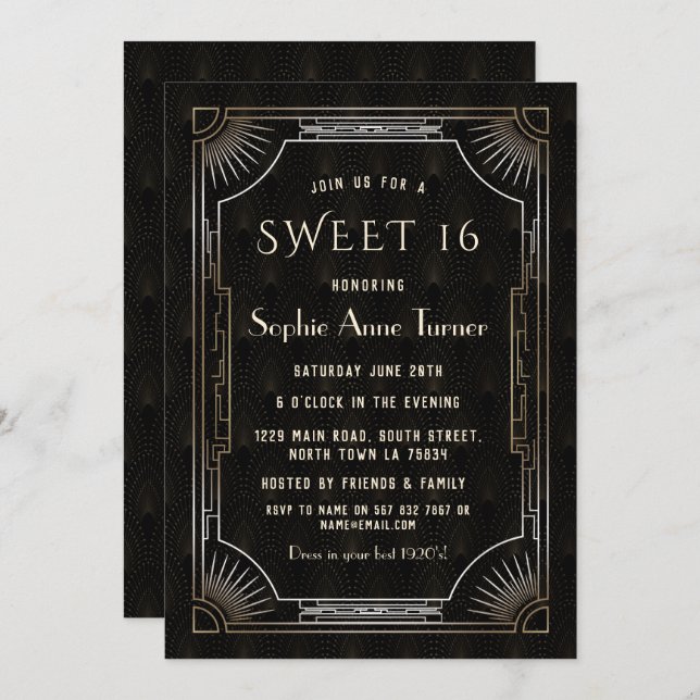 Convite Glam Dourado Excelente preto Gatsby Art Deco 20s S (Frente/Verso)
