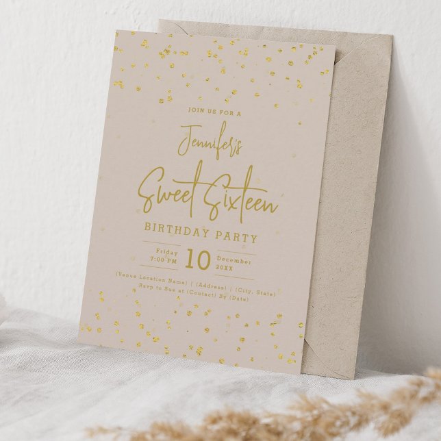 Convite Glam Dourado Faux Foil Pontos Sweet 16 Champagne (Glam Gold Faux Foil Dots Sweet 16 Champagne Invitation)