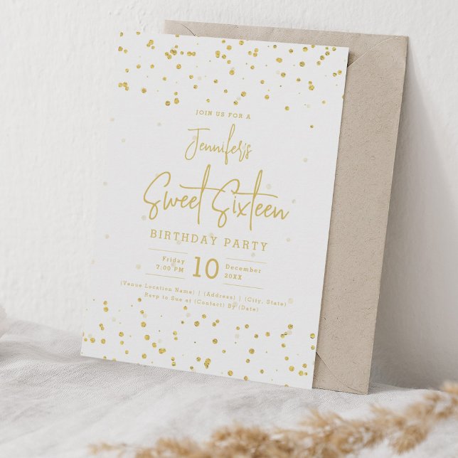 Convite Glam Dourado Faux Foil Pontos Sweet 16 Party (Glam Gold Faux Foil Dots Sweet 16 Party Invitation)