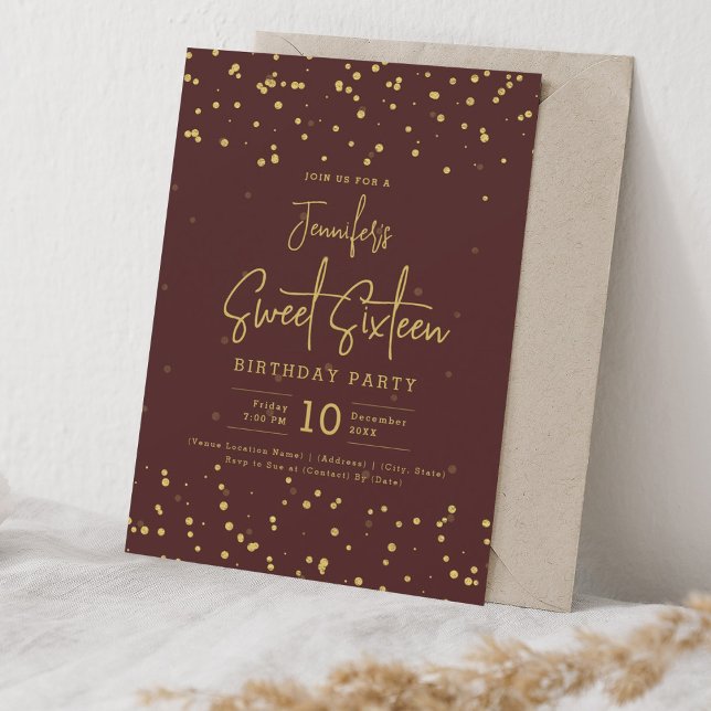 Convite Glam Dourado Faux Foil Pontos Sweet 16 Party Burgu (Glam Gold Faux Foil Dots Sweet 16 Party Burgundy Invitation)