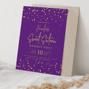 Convite Glam Dourado Faux Foil Pontos Sweet 16 Purple