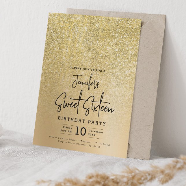 Convite Glam Dourado Faux Glitter Sparkle Sweet 16 Party (Glam Gold Faux Glitter Sparkle Sweet 16 Party Invitation)