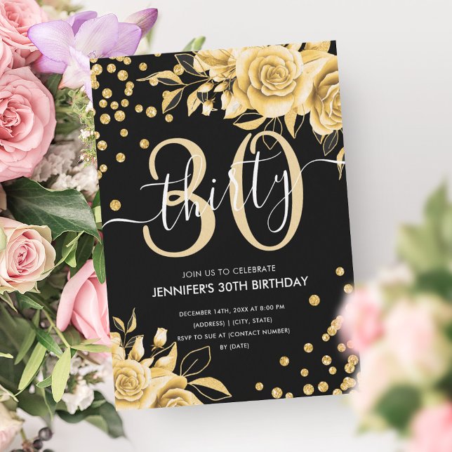 Convite Glam Dourado Floral Glitter aniversário de 30 anos (Glam Gold Floral Glitter 30th Birthday Black Invitation)