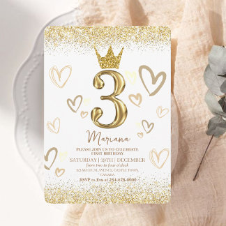 Convite Glam Dourado Glitter Crown aniversário de 3 anos P