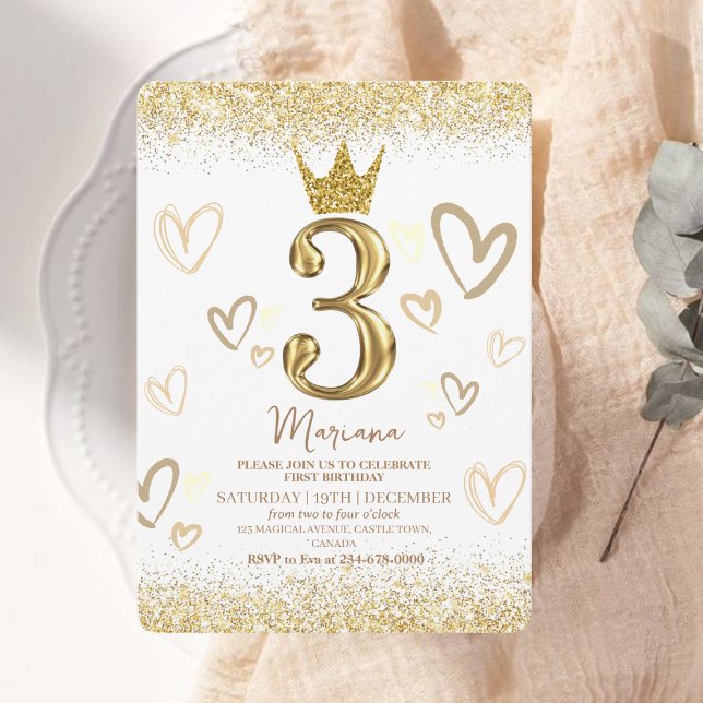 Convite Glam Dourado Glitter Crown aniversário de 3 anos P (Criador carregado)