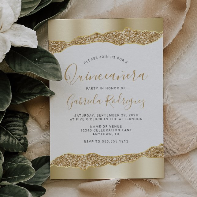 Convite Glam Dourado Glitter Quinceañera (Criador carregado)