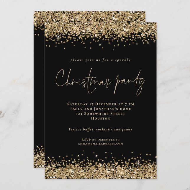 Convite Glam Dourado Glitter Script Festa de Natal Preto (Frente/Verso)