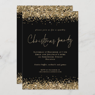Convite Glam Dourado Glitter Script Festa de Natal Preto
