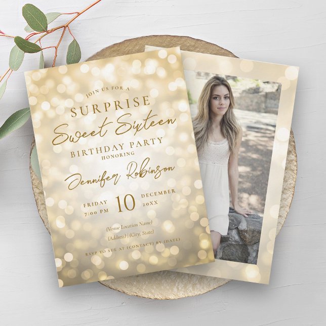Convite Glam Dourado Luzes Foto SURPRISE Sweet 16 (Glam Gold Lights Photo SURPRISE Sweet 16 Invitation)