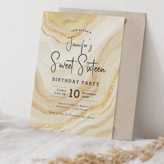 Convite Glam Dourado Marble Glitter Doce Festa 16 (Glam Gold Marble Glitter Sweet 16 Party Invitation)