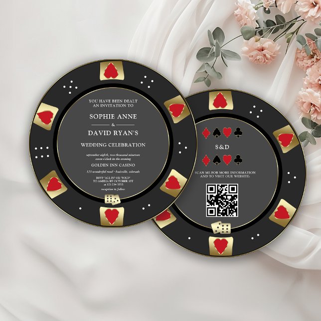 Convite Glam Dourado Poker Chip QR Code Casino Weding (Criador carregado)