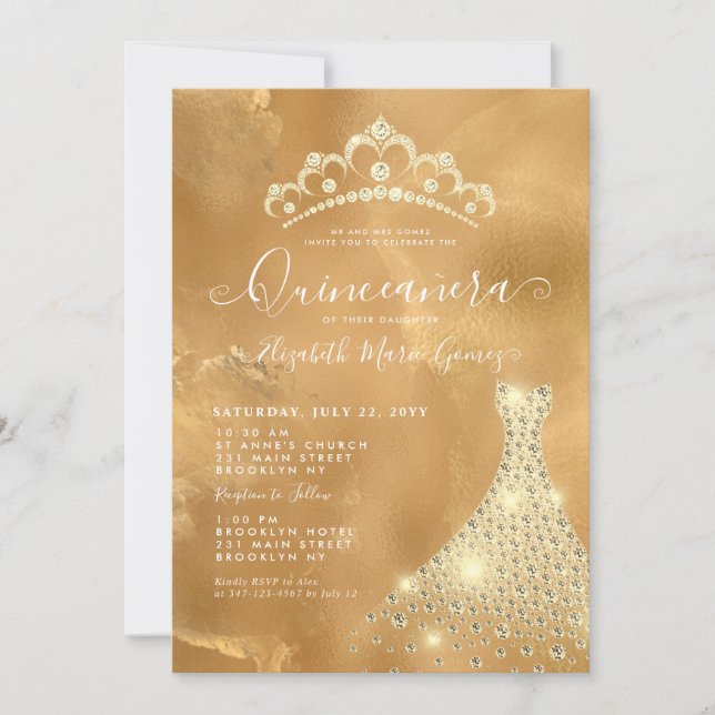 Convite Glam Dourado Sparkle Diamond Tiara Dress Quinceane (Frente)
