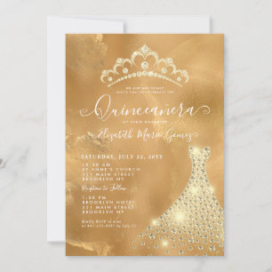 Convite Glam Dourado Sparkle Diamond Tiara Dress Quinceane