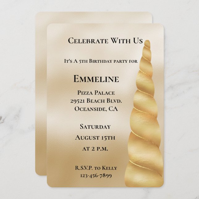 Convite Glam Dourado Unicorn Birthday (Frente/Verso)