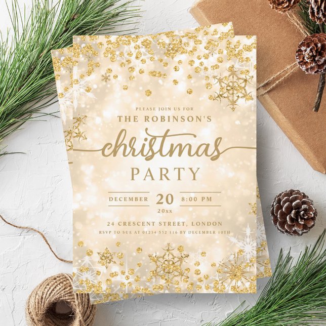 Convite Glam Dourado Winter Snow Diamantes Natal (Glam Gold Winter Snow Diamonds Christmas Invitation)