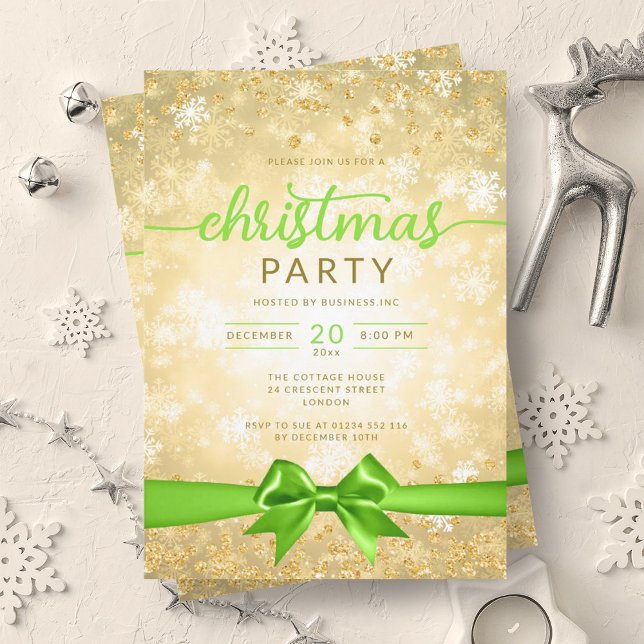 Convite Glam Dourado Winter Snowflake Company Green Ribbon (Glam Gold Winter Snowflake Company Green Ribbon Invitation)