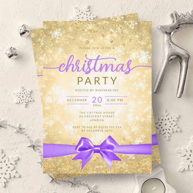 Convite Glam Dourado Winter Snowflake Company Roxo Ribbon (Glam Gold Winter Snowflake Company Purple Ribbon Invitation)