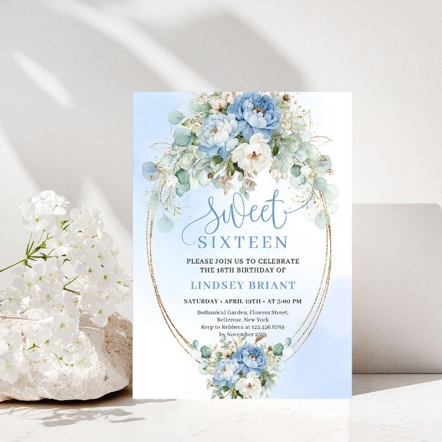 Convite Glam Dusty Blue Peony Dourado Sweet Sixtee (Glam Dusty Blue Peony Gold Sweet Sixteen Invite)