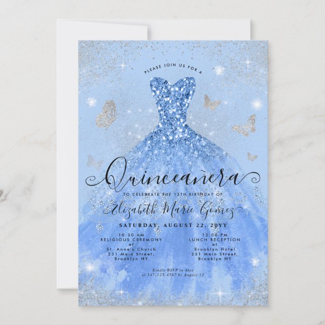 Convite Glam Dusty Blue Silver Glitter Quinceanera (Frente)