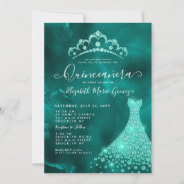 Convite Glam Emerald Green Diamond Tiara Dress Quinceanera