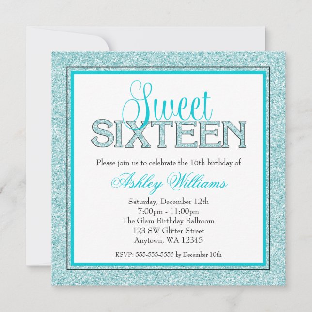 Convite Glam Falso Brilho Azul Turquesa Sweet 16 (Frente)