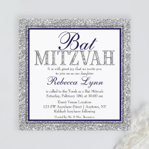 Convite Glam Faux Brilho Prata Azul Marinho Bat Mitzvah