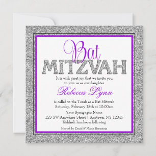 Convite Glam Faux Brilho Prata Roxo Bat Mitzvah