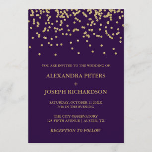 Convite Glam Faux Dourado Confetti e Casamento Roxo Profun