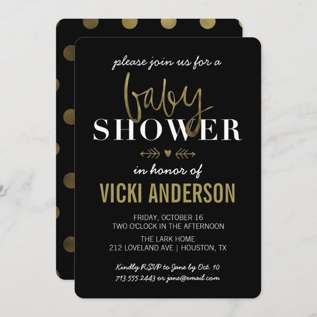 Convite Glam Faux Dourado Modern Baby Shower Invations (Frente/Verso)