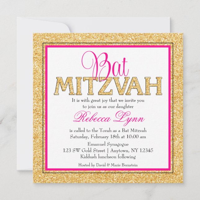 Convite Glam Faux Glitter Dourado Bat Mitzvah (Frente)