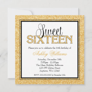 Convite Glam Faux Glitter Dourado Black Sweet 16