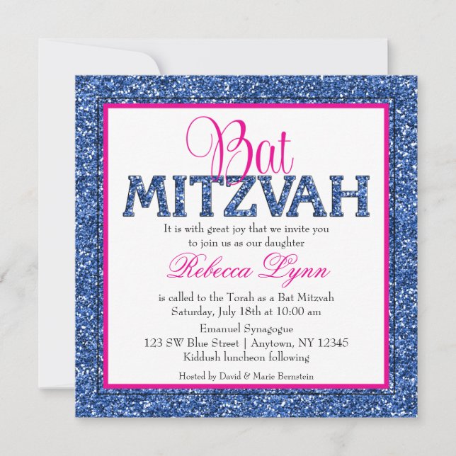 Convite Glam Faux Glitter Marinho Azul Rosa Bat Mitzvah (Frente)