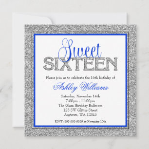 Convite Glam Faux Glitter Silver Blue Sweet 16