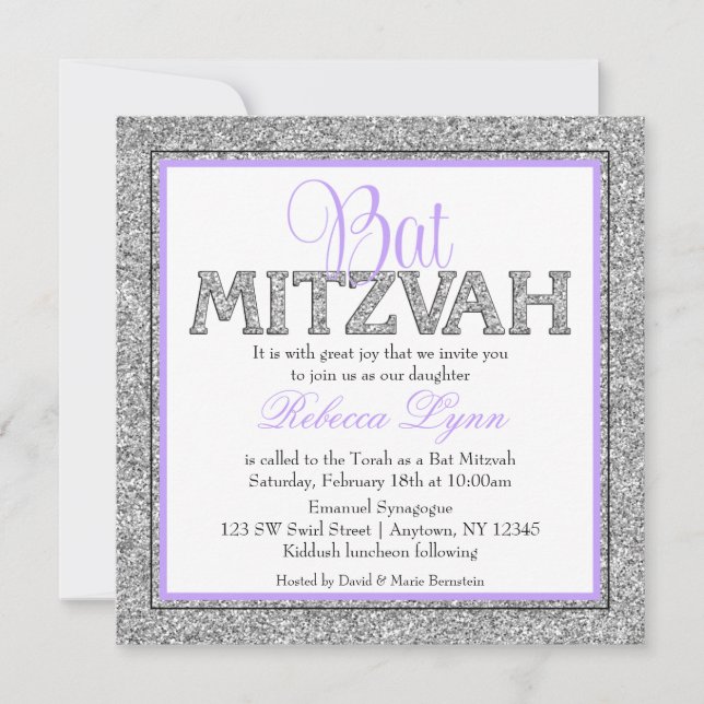 Convite Glam Faux Glitter Silver Lavanda Bat Mitzvah (Frente)