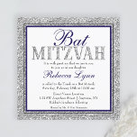 Convite Glam Faux Glitter Silver Marinho Azul Bat Mitzvah<br><div class="desc">Um marinho moderno,  azul e prata,  Bat Mitzvah,  convite. Design apresenta um falso design brilhante prateado com sotaques de marinho azul e preto. Os designs são gráficos impressos planos - NÃO É O GLITTER REAL.</div>