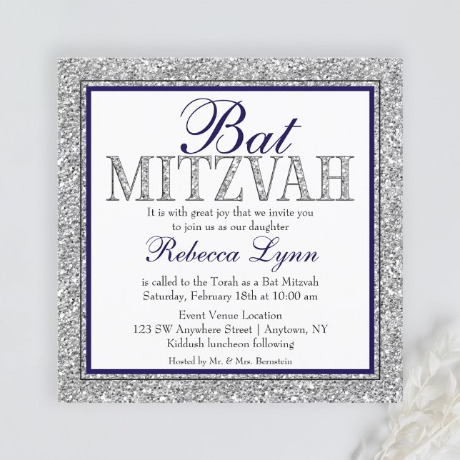Convite Glam Faux Glitter Silver Marinho Azul Bat Mitzvah (Criador carregado)