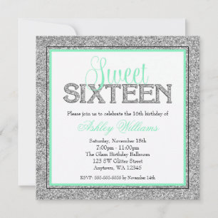 Convite Glam Faux Glitter Silver Mint Seafoam Sweet 16