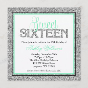 Convite Glam Faux Glitter Silver Mint Seafoam Sweet 16