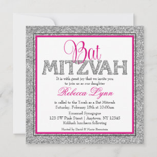 Convite Glam Faux Glitter Silver Pink Bat Mitzvah