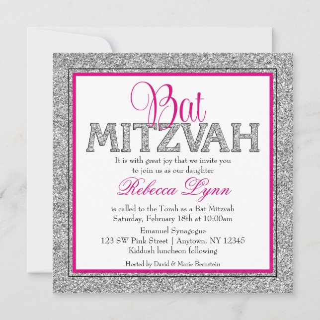 Convite Glam Faux Glitter Silver Pink Bat Mitzvah (Frente)