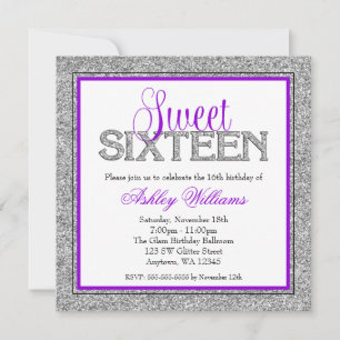 Convite Glam Faux Glitter Silver Purple Sweet 16