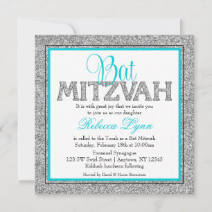 Convite Glam Faux Glitter Silver Teal Azul Bat Mitzvah