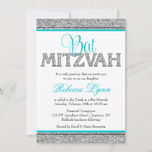 Convite Glam Faux Glitter Silver Teal Blue Bat Mitzvah