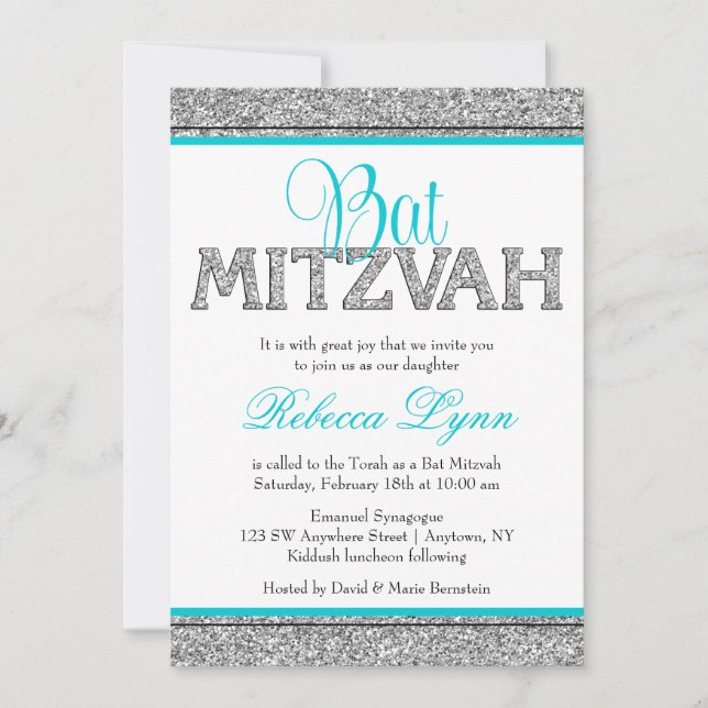 Convite Glam Faux Glitter Silver Teal Blue Bat Mitzvah (Frente)