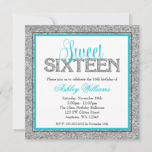 Convite Glam Faux Glitter Silver Teal Blue Sweet 16